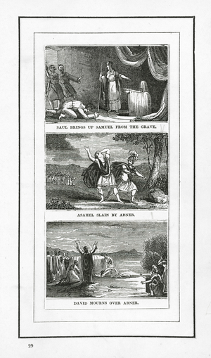 Saul Brings Up Samuel From The Grave; Asahel Slain By Abner; David Mourns Over Abner (engraving)