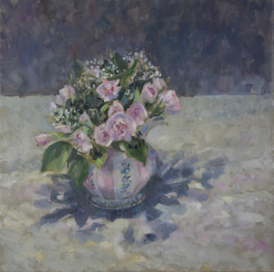 Pinks in stripey jug, 2013 (oil on canvas)