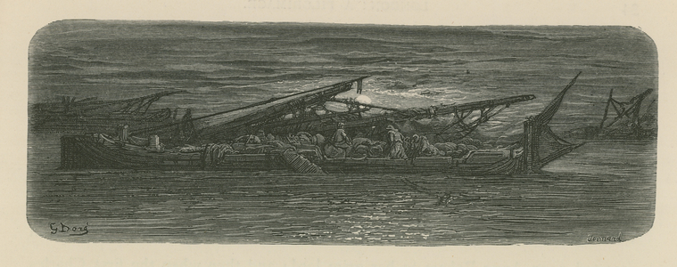 People on the deck of a boat on the Thames (engraving)