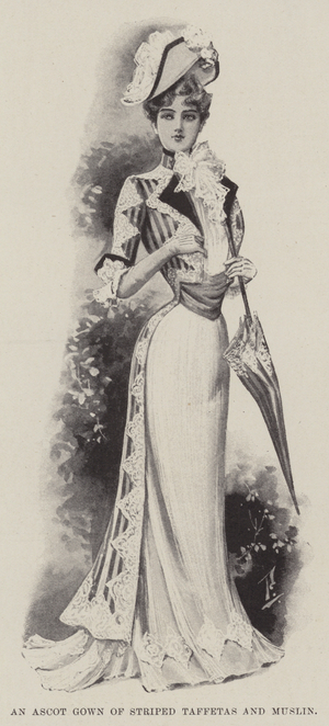 An Ascot Gown of Striped Taffetas and Muslin (litho)