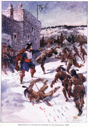 Maisonneuve covering the retreat of his followers 1644, c.1920 (colour litho)
