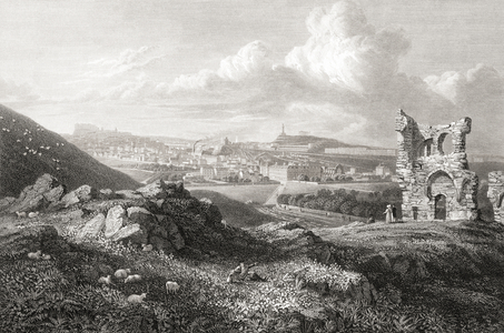 Edinburgh from St. Anthony's Chapel.  From the original painting by Lt. Col. Batty F.R.S. from the book Select Views of some of the Principal Cities of Europe published London 1832. Engraved by W.I.Cooke