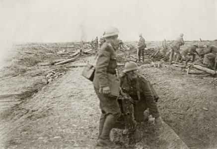 British soldiers repairing a road under fire near Ypres, 1914-18 (b/w photo)