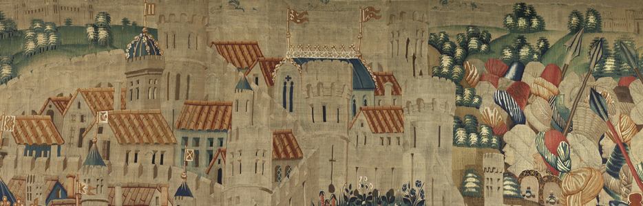 Tapestry showing the Conquests of king Alfonso V of Portugal (Conquistas de Alfonso V de Portugal), Tournai. Detail. (Wool and silk)