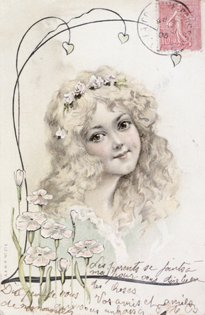 French greeting card with a young girl and floral elements, 1900