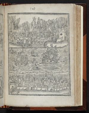 A city on fire, People drowning in a river, from 'Monarchy or no monarchy in England. Grebner his prophecy concerning Charles, son of Charles, his greatnesse, victories, conquests', 1651 (engraving)
