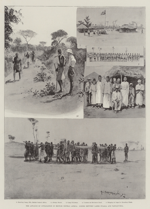 The Advance of Civilisation in British Central Africa, Scenes between Lakes Nyassa and Tanganyika (litho)
