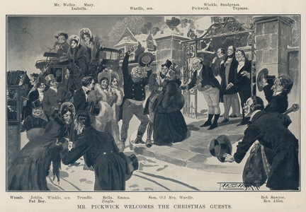 Mr Pickwick welcomes the Christmas guests (litho)