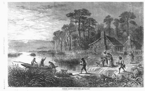 African Americans leaving their home, 1864 (litho)