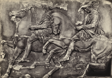 Parthenon sculptures: West frieze, in situ (b/w photo)