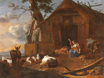 Farmyard with Cattle and Figures (oil on canvas)