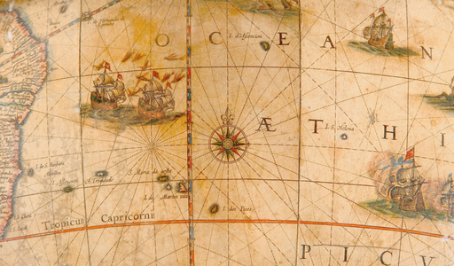 Detail of fighting ships in the Atlantic Ocean from a terrestrial globe 1645/48 (plaster, wood & engraved paper)