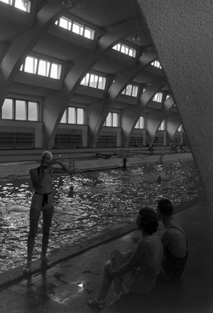 A trip to the historic indoor swimming pool in Heslach, Germany 1930s (b/w photo)