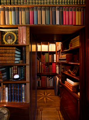 Books on shelves in the Gutfreund collection as displayed in library of Gutfreund apartment., 2016 (photo)
