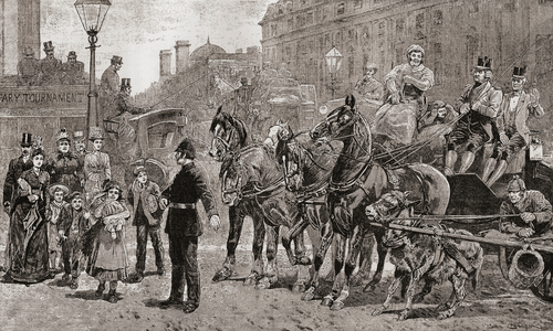A policeman stops the traffic on a busy crossing to allow pedestrians to cross the road, London, England, 19th century, 1890 (print)
