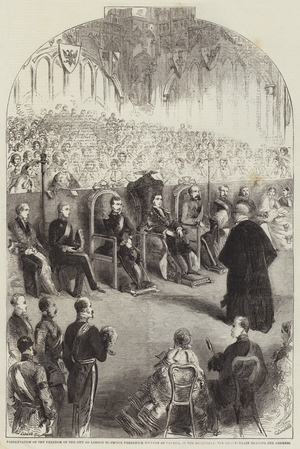 Presentation of the Freedom of the City of London to Prince Frederick William of Prussia, in the Guildhall, the Chamberlain reading the Address (engraving)