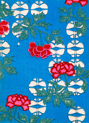 White Lanterns and Peonies on a Blue Background, 1882 (colour woodblock print)