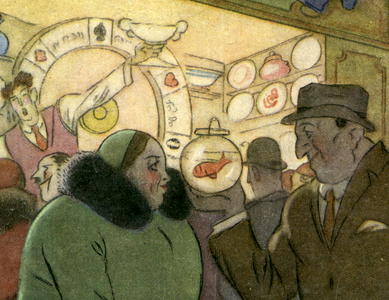 The happy winner of a prize of a goldfish bowl at a fairground tells his wife that now they have a meal for her mother, 1931 (colour litho) (detail of 451980)