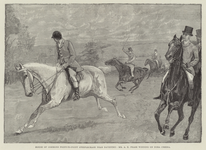 House of Commons Point-to-Point Steeplechase near Daventry, Mr A E Pease winning on Nora Creina (engraving)