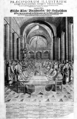 fictitious gathering of thinkers, theologians, humanists et reformers who were opposed to catholic Churc at the end on 15th and during 16th century, engraving, 1602