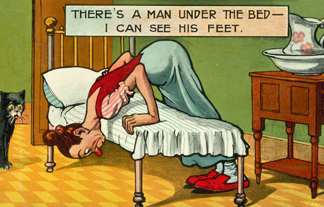 There's a man under the bed - I can see his feet (colour litho)
