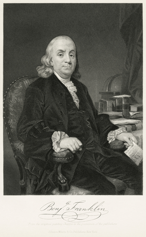 Benjamin Franklin (1706-90), American Printer, Publisher, Author, Inventor, Scientist, Diplomat and one of the Founding Fathers of the United States, Seated Portrait, Steel Engraving, Portrait Gallery of Eminent Men and Women of Europe and America by Evert A. Duyckinck, Published by Henry J. Johnson, Johnson, Wilson & Company, New York, 1873 (print)
