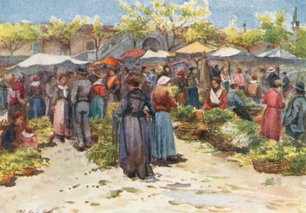The Vegetable Market, Nice, looking South (colour litho)