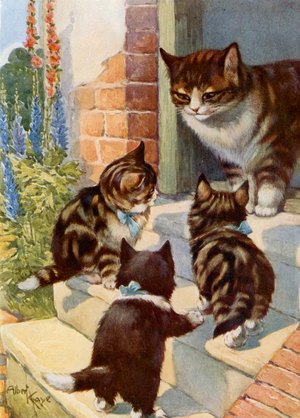 Cat lecturing its kittens (colour litho)