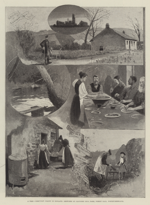 A Free Communist Colony in England, Sketches at Clousden Hill Farm, Forest Hall, Northumberland (litho)