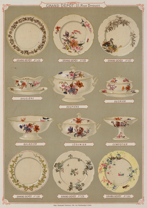 Page from the catalogue of the Grand Depot de Porcelaines, Faiences et Verreries (colour litho)