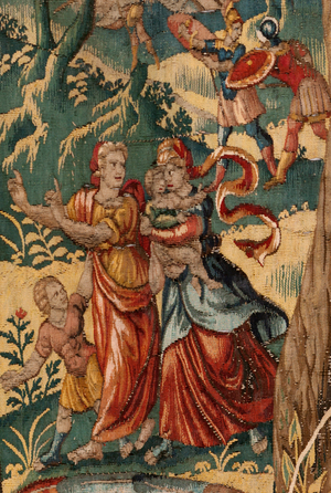 Diocesan museum (Museo Diocesano). Flemish tapestry. Brussels. Atelier François Geubels. Series Story of Gideon. Gideon and the angel (Gedeón y el ángel). Silk and wool. Bequest of Bishop Vicente Roca de la Serna. Baroque. 1534-1571, in the cathedral since 1608.
