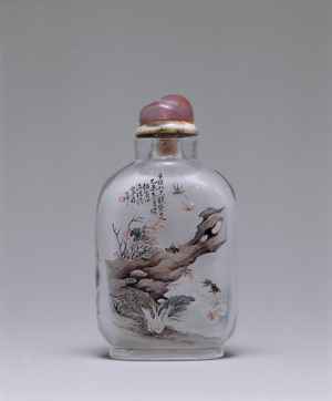 Inside-painted snuff bottle with donkey rider
in wintry landscape, 1895 (Rock crystal and paint, pink glass stopper
with walrus ivory collar)