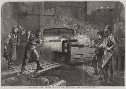 Manufacture of the Armstrong Gun at Woolwich Arsenal, coiling the Bars (engraving)