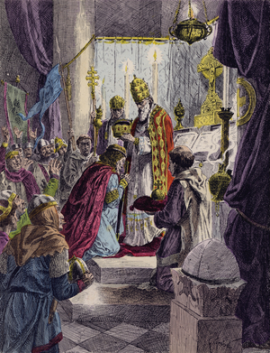 Charlemagne crowned Holy Roman Emperor by Pope Leo III, Rome, 800 (colour litho)