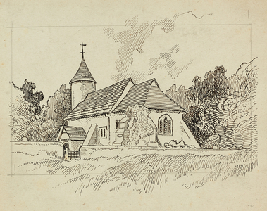 Exterior view of an unidentified church (pen & ink on paper)