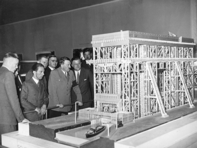 Adolf Hitler and Joseph Goebbels at the model of the ship lift at Niederfinow, 1934 (b/w photo)