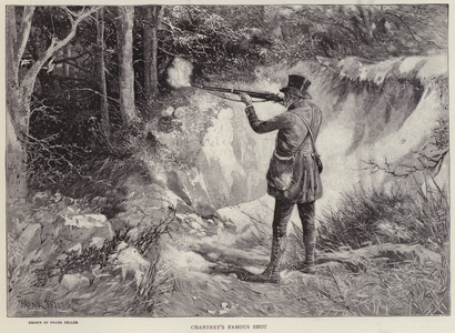 Sir Francis Chantrey killing two woodcocks with one shot while hunting at Holkham Hall, Norfolk (litho)
