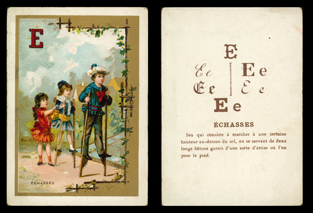 Children playing on stilts (chromolitho)