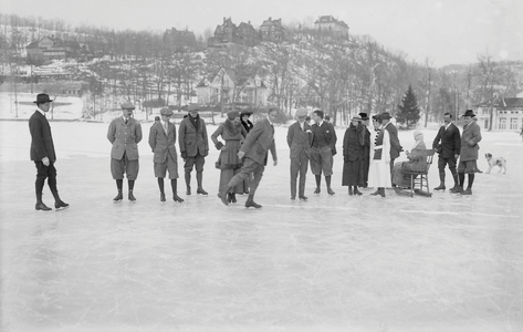 Group of People Ice Skating on Lake, Tuxedo, New York, USA, Bain News Service, 1915 (b/w photo)