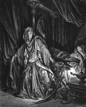 Judith, Jewish heroine, having gained confidence of the Assyrian general Holofernes, cuts off his head and saves the town of Bethulia from capture. Judith 13:10 from Gustave Dore's illustrated Bible 1866. Wood engraving