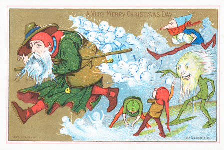 Elves chasing Father Christmas, Christmas Card (chromolitho)