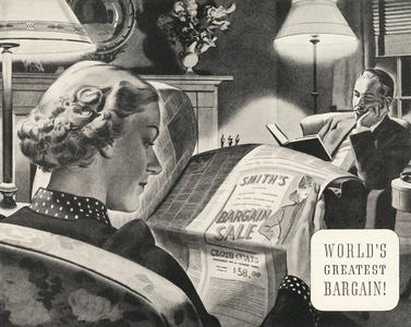 Wife Browsing Newspaper Sale Ads, 1937 (screen print)
