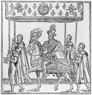 The Entry of Henri IV into Rouen, October 16th, 1596, illustration from 'Discours de la Ioyeuse et triomphante entree de Henry IIII faicte en sa ville de Rouën', published in 1599 (woodcut)