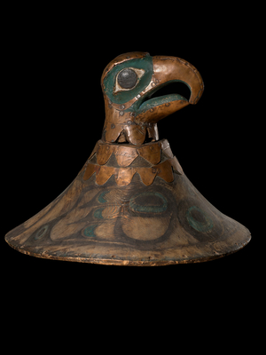 Ceremonial clan hat with eagle crest, Tlingit, British Columbia (wood, pigment, copper, iron, nails & rawhide)