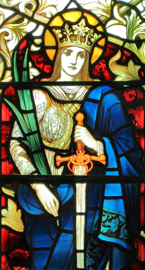 St Agnes, of Rome, 3rd century virgin martyr, saint, with lamb,  by J Powell & Son, 1900 (stained glass)