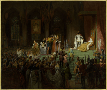 "Public homage to the remains of Ines de Castro, exhumed and proclaimed Queen of Portugal by the orders of Don Pedro in 1350, in the church of Santa Clare in Coïmbra", late 1827 - early 1828 (oil on canvas)