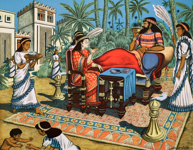 An evening meal in ancient Babylon (colour litho)