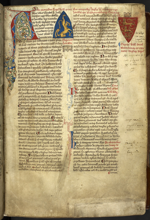 Royal 14. CVII, f.10 Inverted arms of Harold with a crown indicating his death, and the arms of William the Conqueror with a crown, indicating his accession to the English throne, illustration from 'Historia Anglorum', 1250-1259 (vellum)