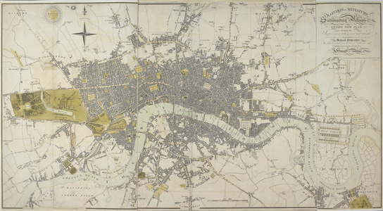 Map of London in miniature with the surrounding villages, 1807 (hand-coloured engraving)