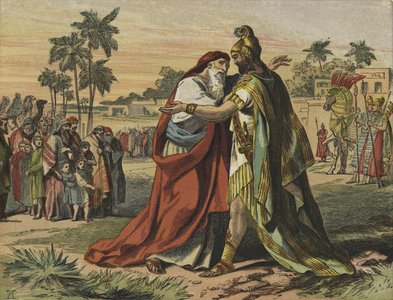 Joseph meeting his father (colour litho)